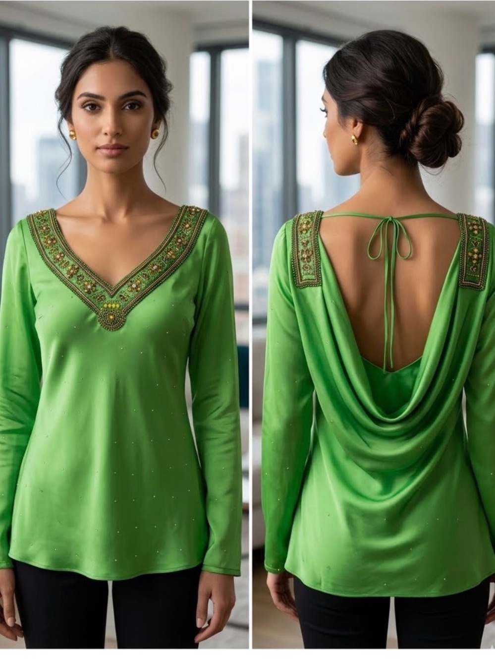 Embroidered Green Drape-Back Tunic Top VINTAGE Boutique Collection.